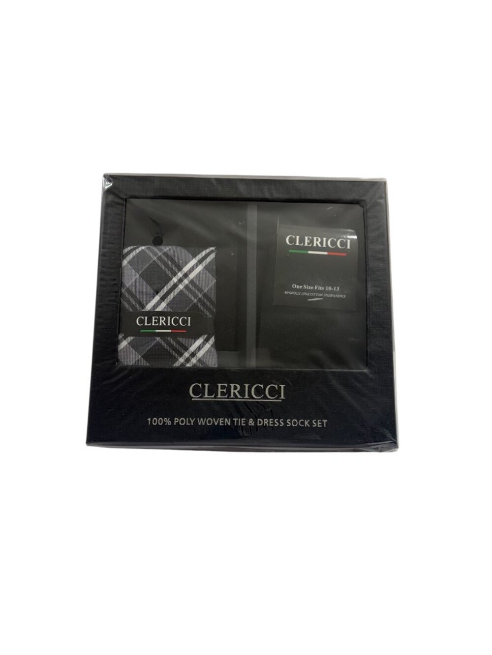 Mens Gift Box - Gray Plaid Tie and Black Dress Sock Set - NWT In Box